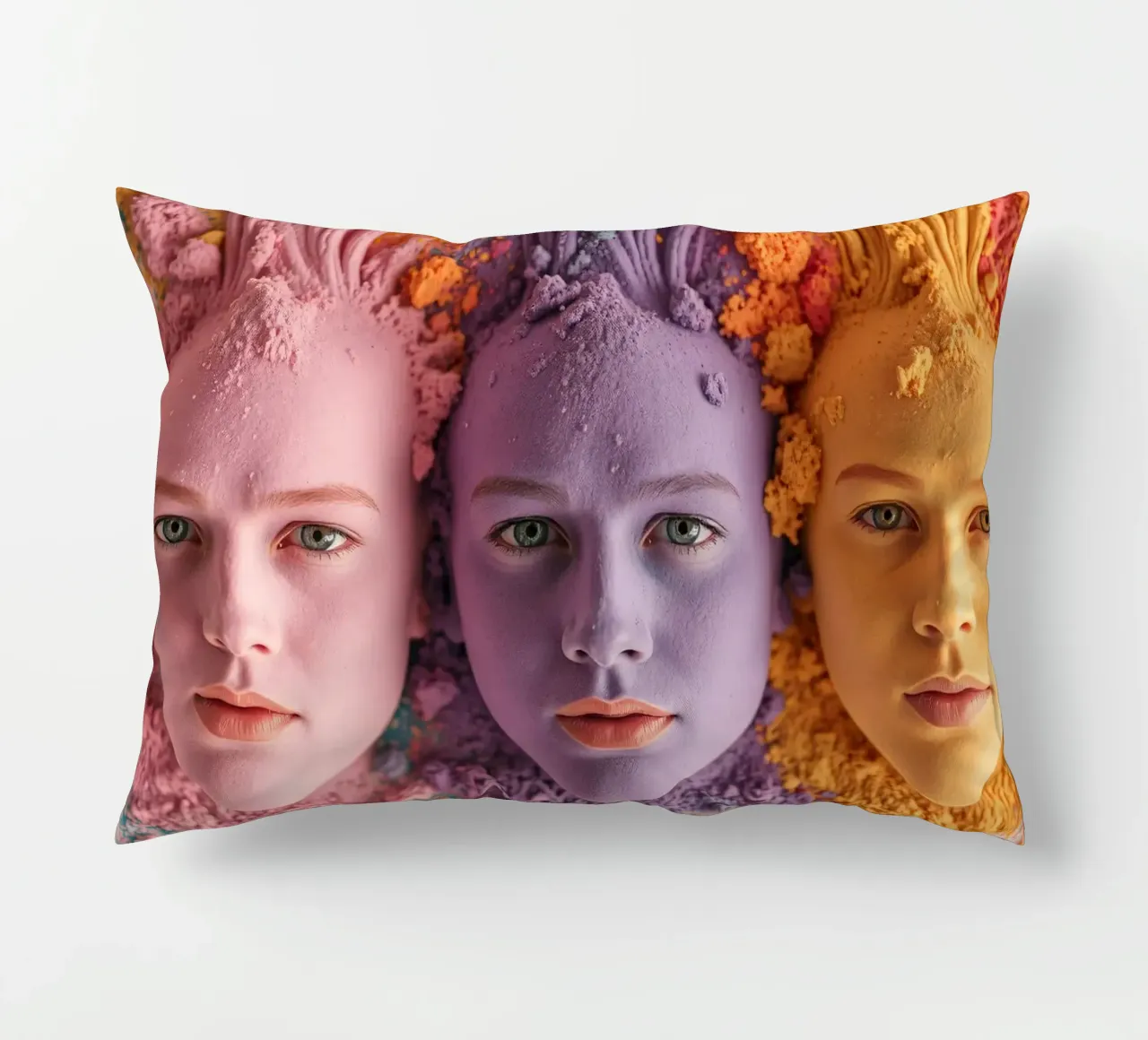 Colorful powders artistic expression with faces covered decorative cushion by DesignDoodle