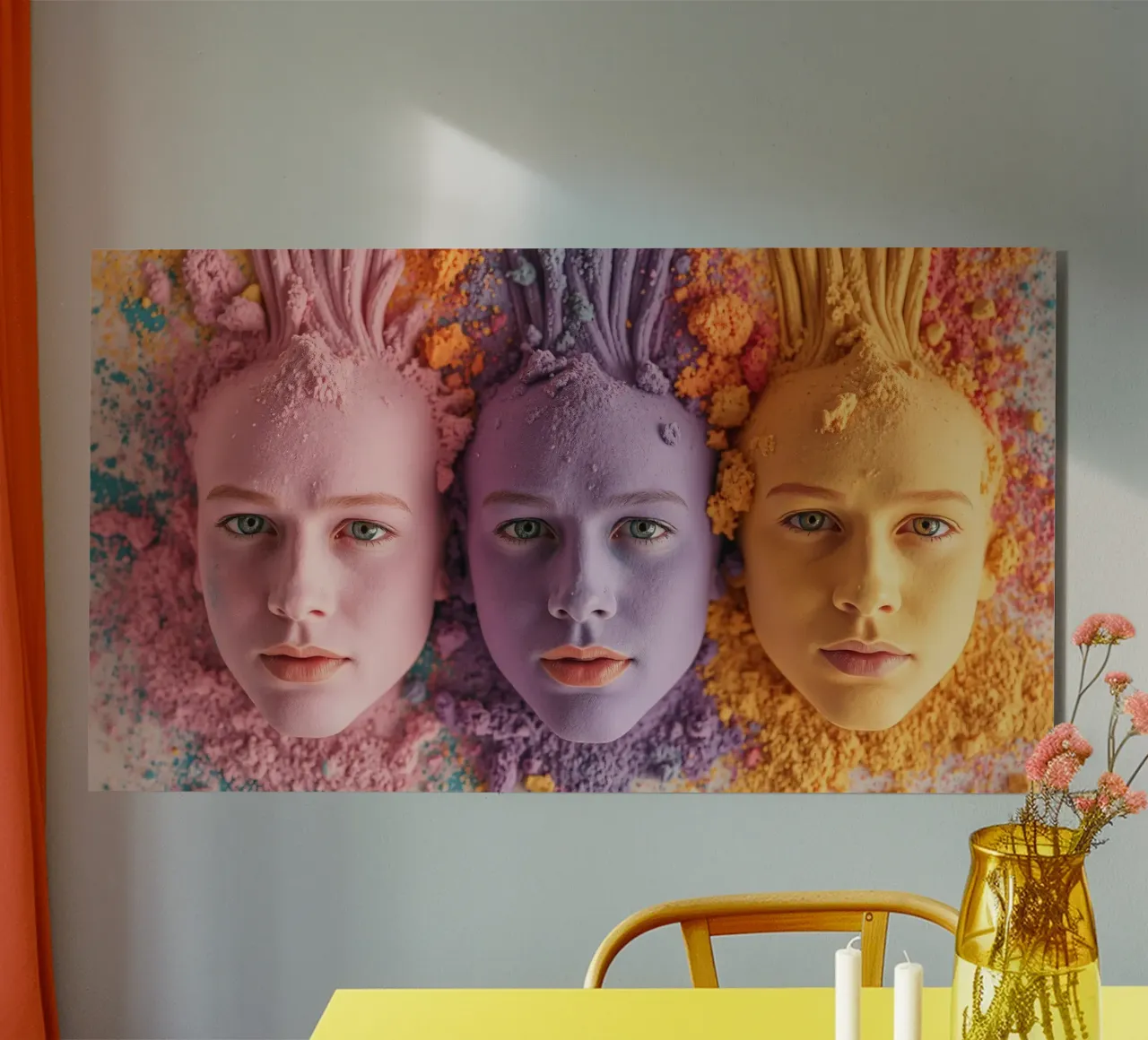 Polveri colorate espressione artistica con volti coperti alluminio dibond da DesignDoodle