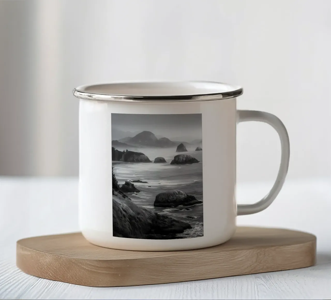 Zwart-wit kustlandschap emaille mok van Indigo Tides Art