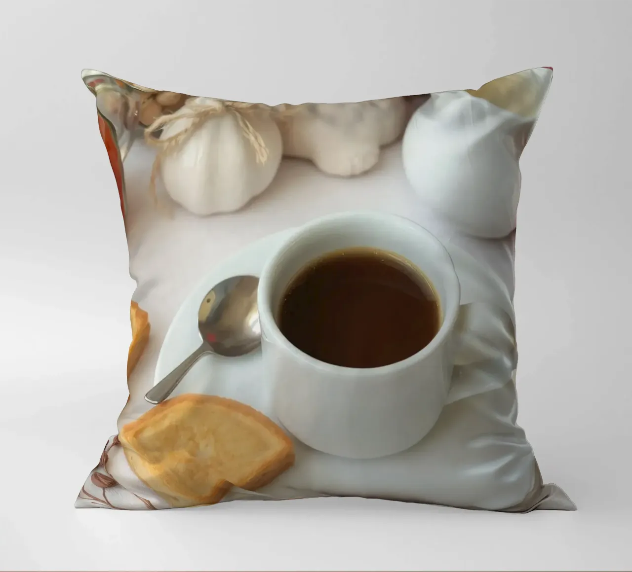Accoglienti caffè e biscotti disposti su un tavolo dai colori caldi. cuscino da DesignDoodle