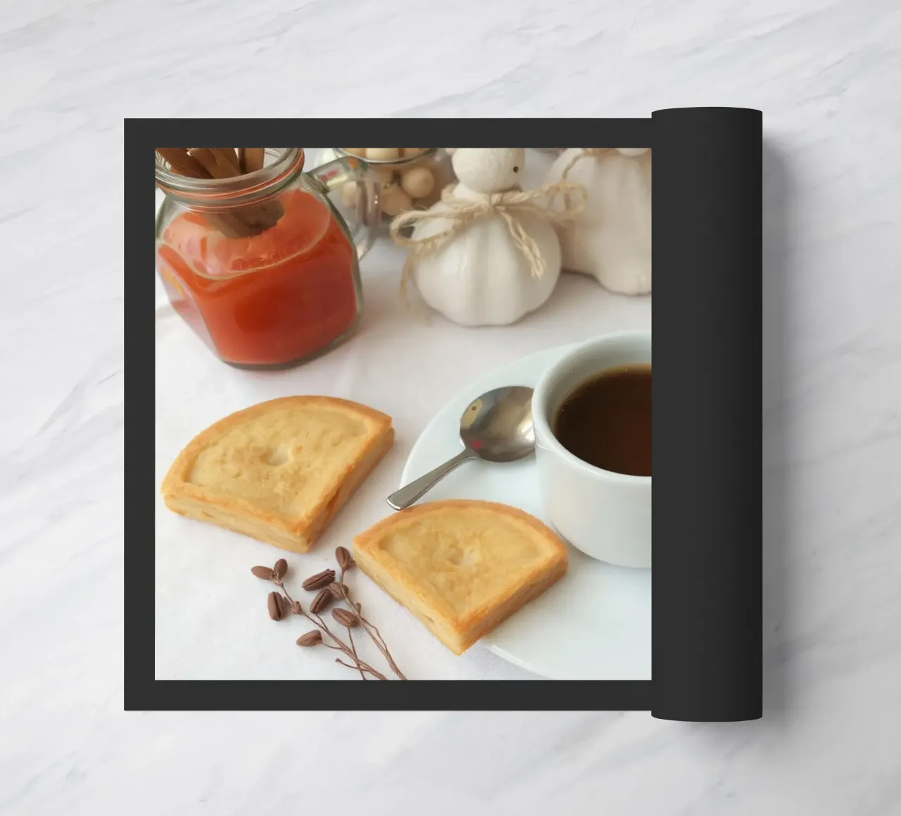 Cozy coffee and cookies setup on a table with warm colors an doormat by DesignDoodle