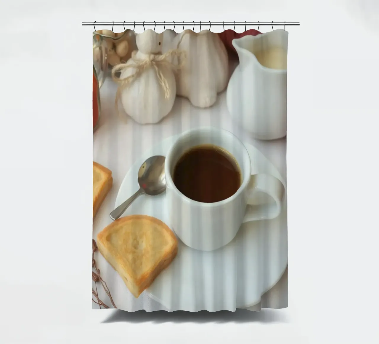 Cozy coffee and cookies setup on a table with warm colors an shower curtain by DesignDoodle