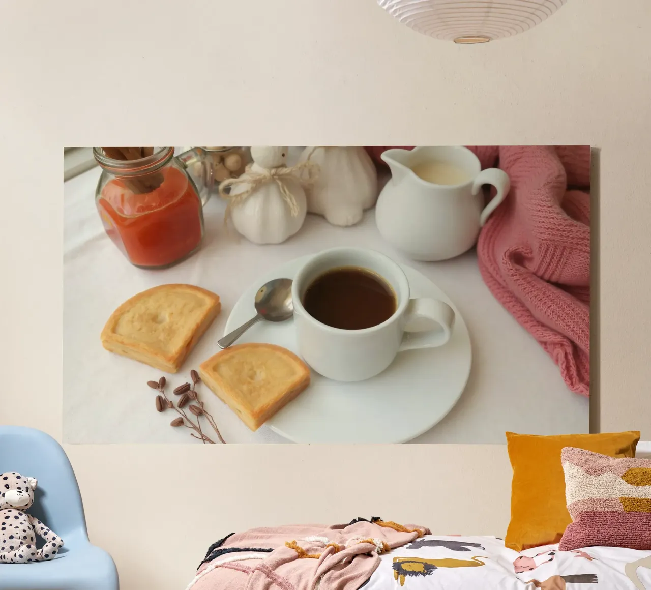 Cozy coffee and cookies setup on a table with warm colors an canvas by DesignDoodle