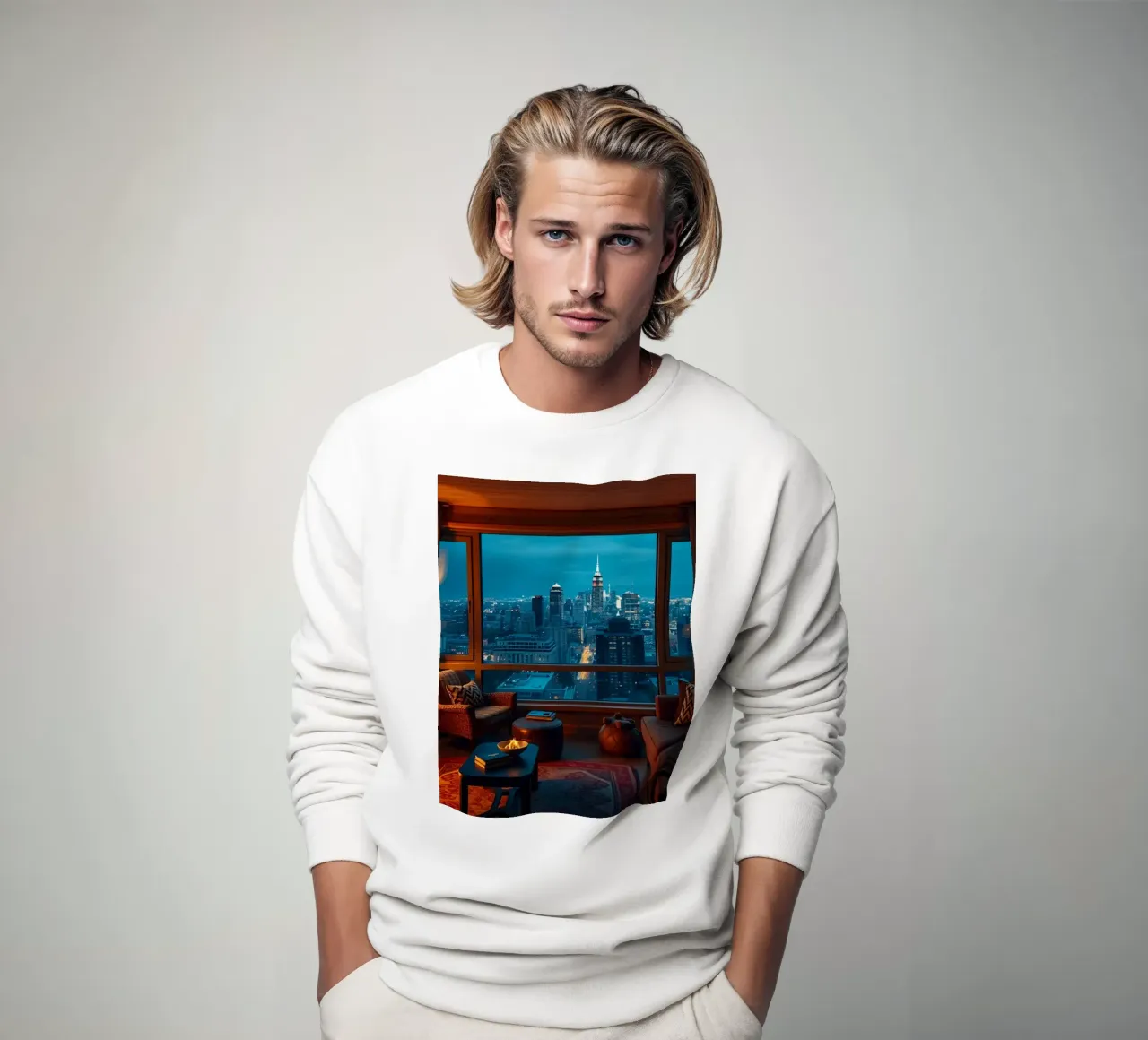 Gezellige woonkamer met uitzicht op de skyline van de stad bij schemering sweatshirt van DesignDoodle