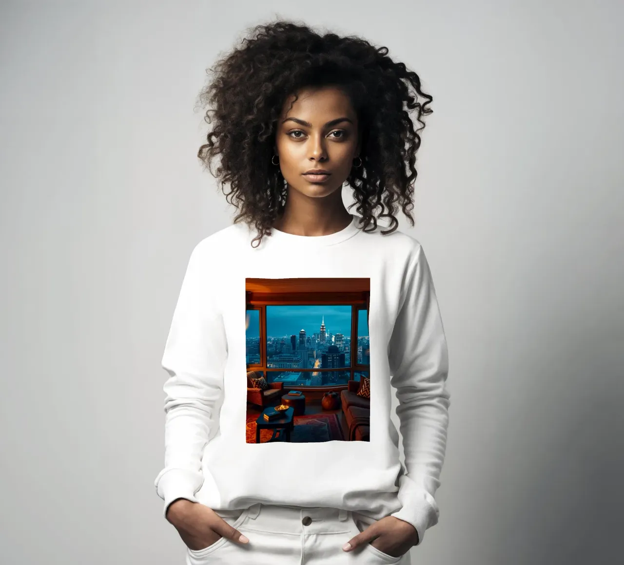 Gezellige woonkamer met uitzicht op de skyline van de stad bij schemering sweatshirt van DesignDoodle
