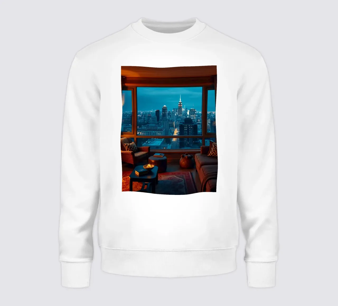 Gezellige woonkamer met uitzicht op de skyline van de stad bij schemering sweatshirt van DesignDoodle