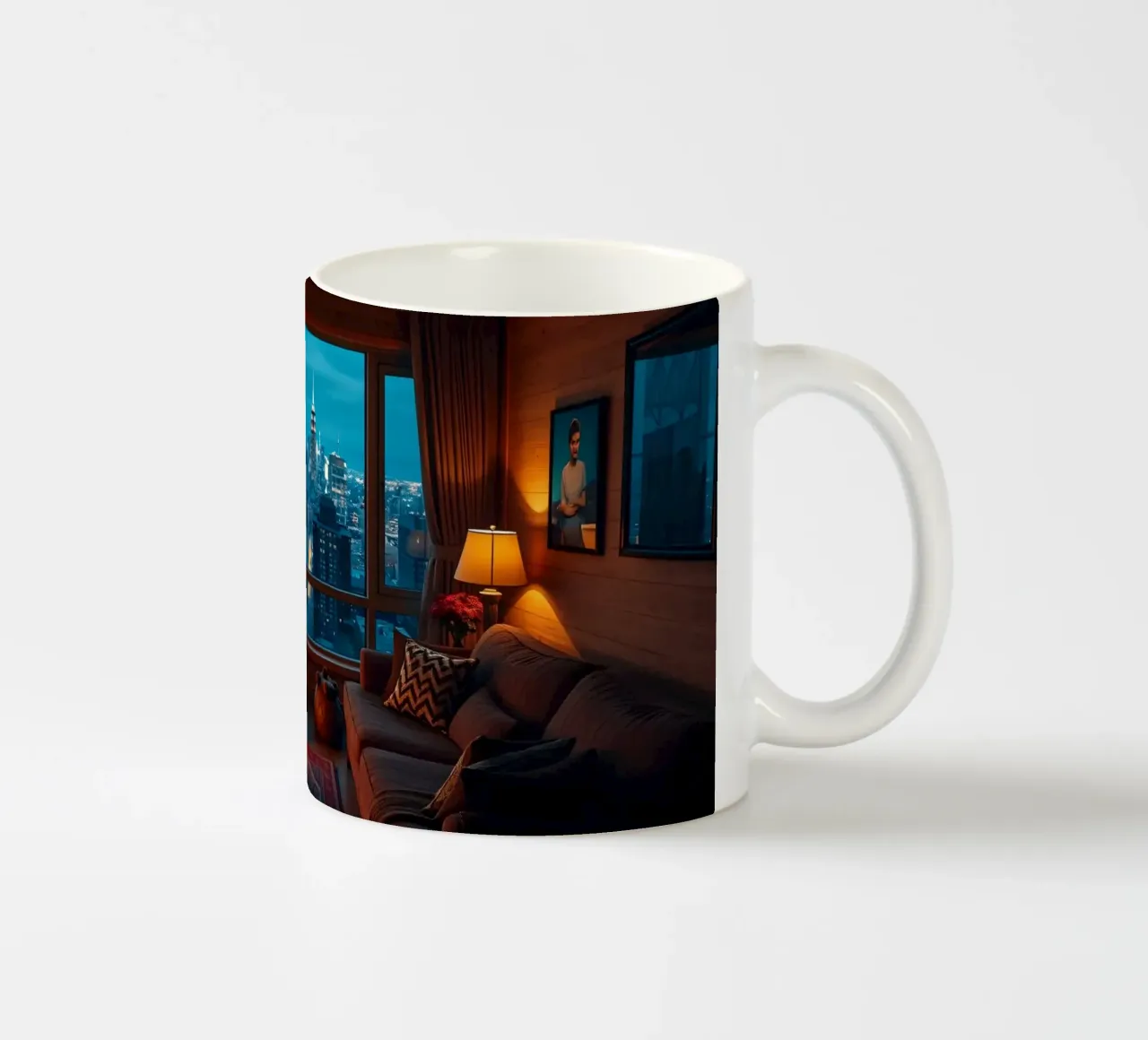 Gezellige woonkamer met uitzicht op de skyline van de stad bij schemering keramische mok van DesignDoodle