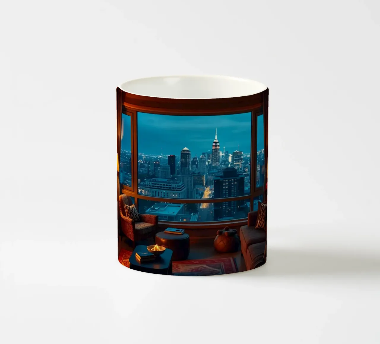 Gezellige woonkamer met uitzicht op de skyline van de stad bij schemering keramische mok van DesignDoodle