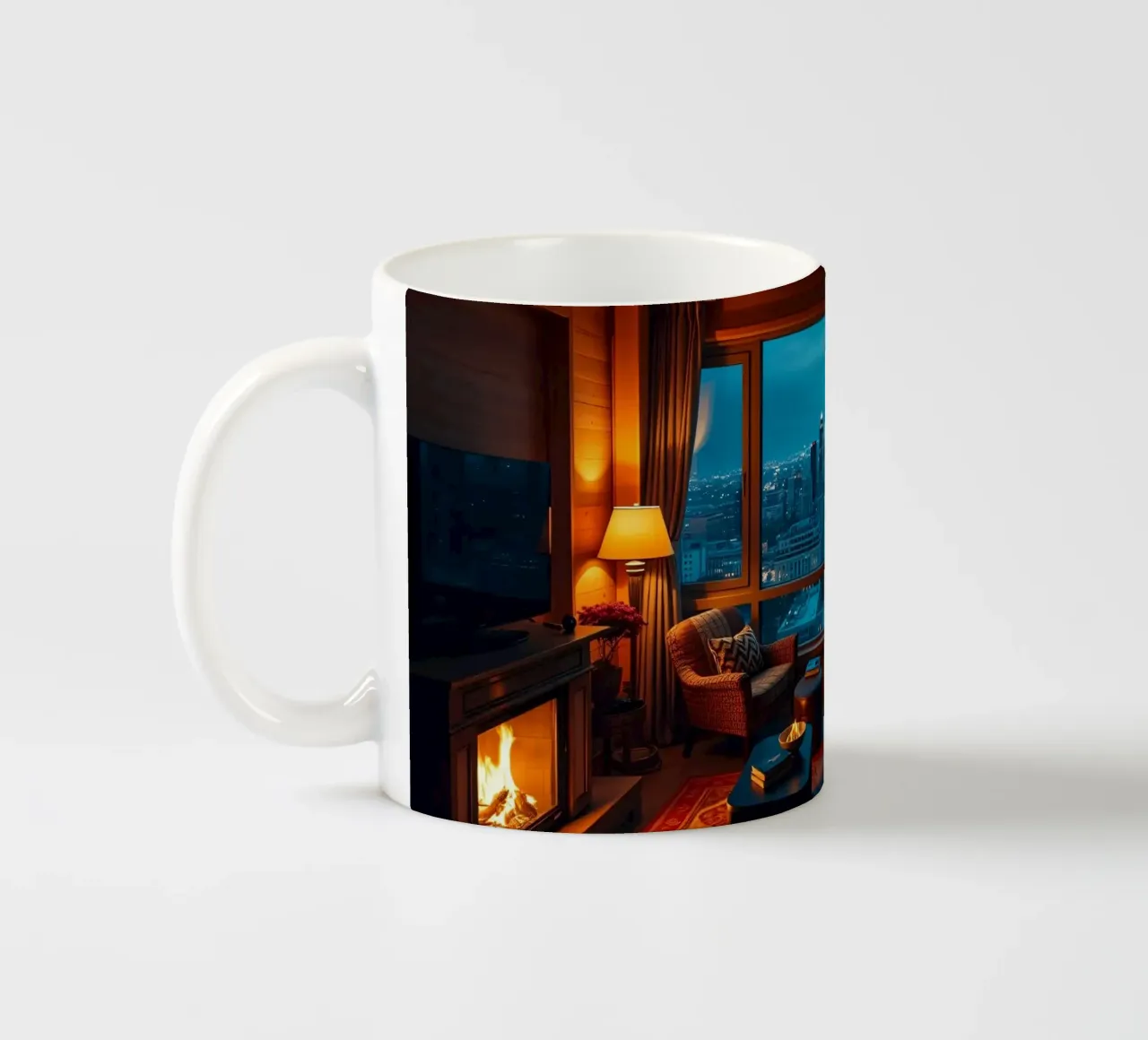 Gezellige woonkamer met uitzicht op de skyline van de stad bij schemering keramische mok van DesignDoodle