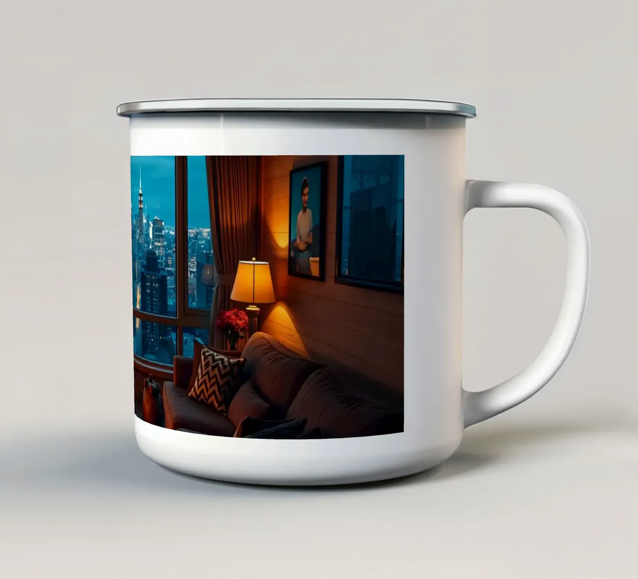 Gezellige woonkamer met uitzicht op de skyline van de stad bij schemering emaille mok van DesignDoodle