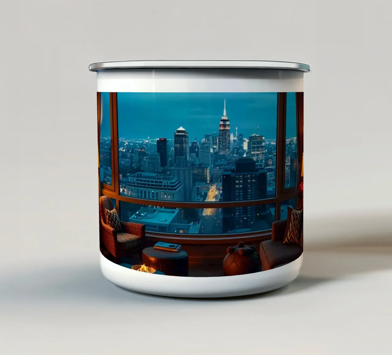 Gezellige woonkamer met uitzicht op de skyline van de stad bij schemering emaille mok van DesignDoodle