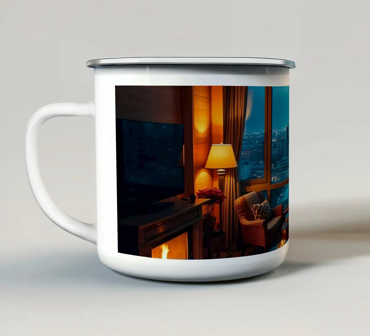 Gezellige woonkamer met uitzicht op de skyline van de stad bij schemering emaille mok van DesignDoodle