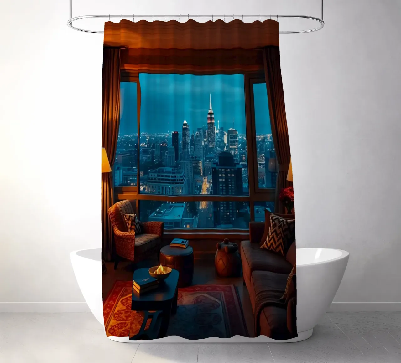 Gezellige woonkamer met uitzicht op de skyline van de stad bij schemering douchegordijn van DesignDoodle