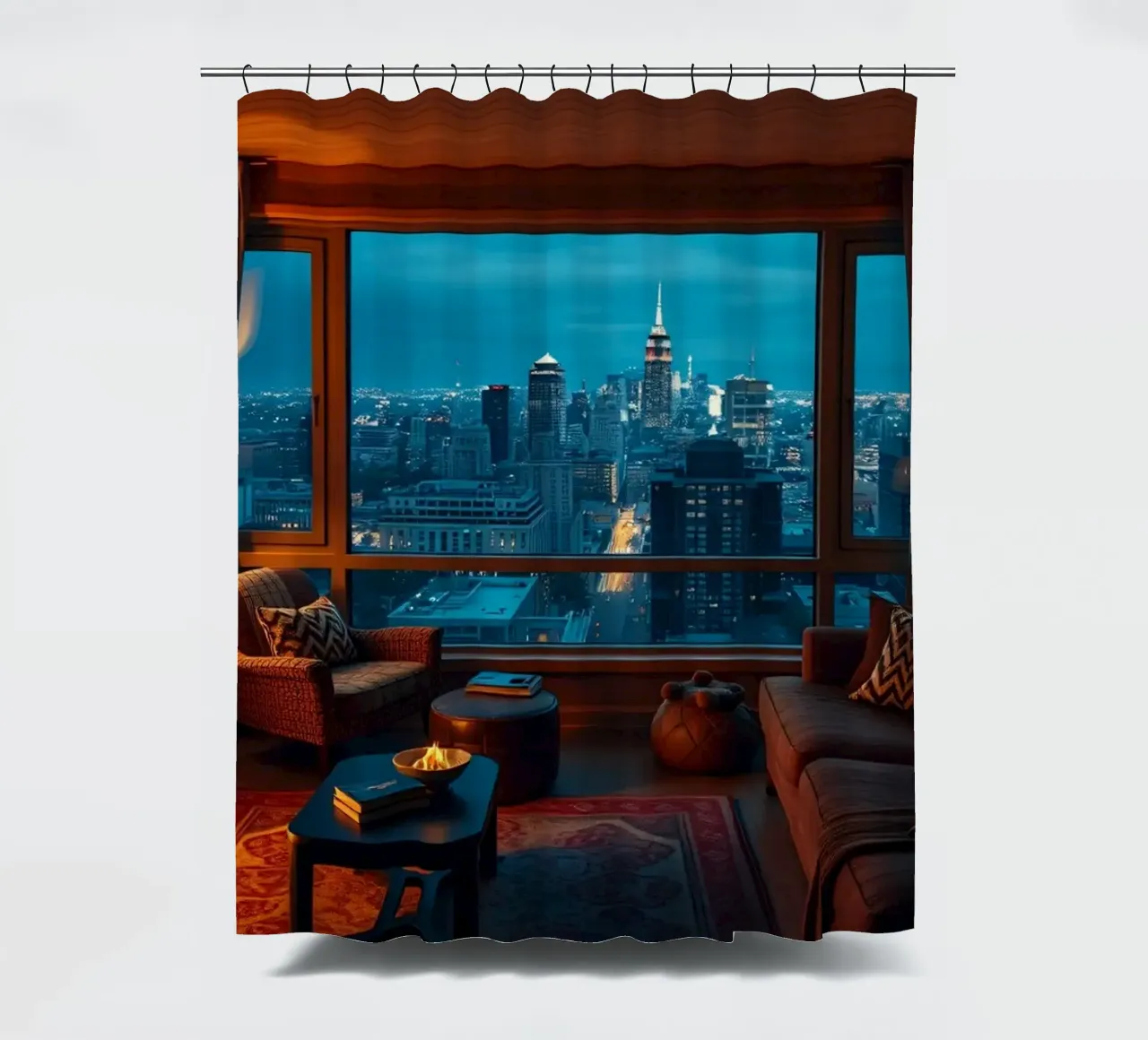 Gezellige woonkamer met uitzicht op de skyline van de stad bij schemering douchegordijn van DesignDoodle