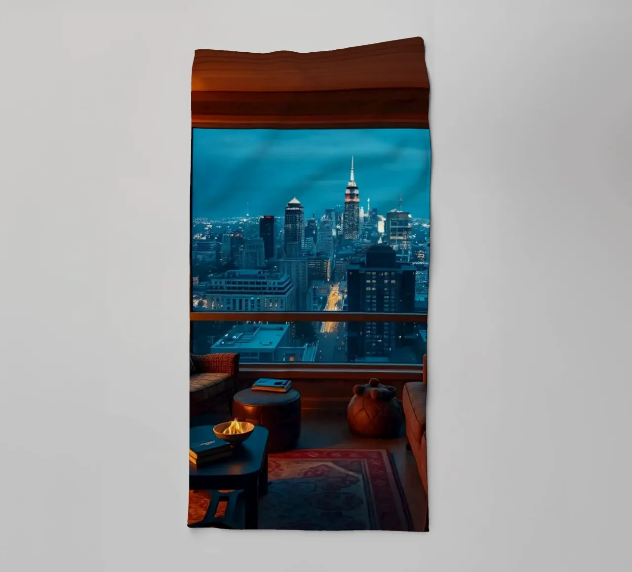 Gezellige woonkamer met uitzicht op de skyline van de stad bij schemering badhanddoek van DesignDoodle