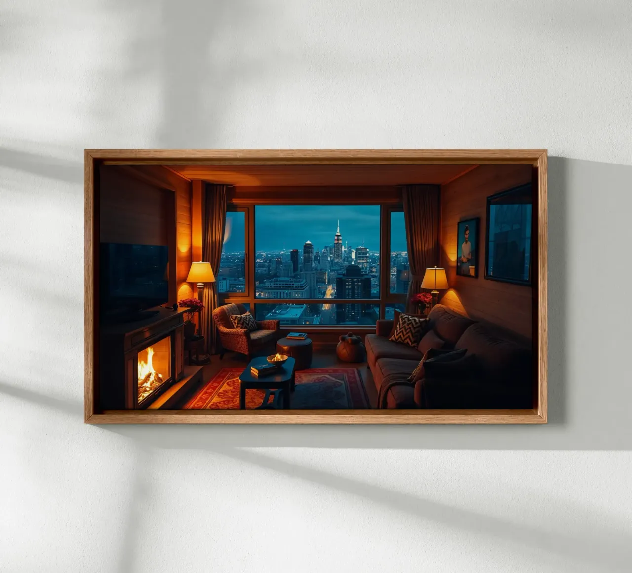 Gezellige woonkamer met uitzicht op de skyline van de stad bij schemering canvas met Baklijst van DesignDoodle