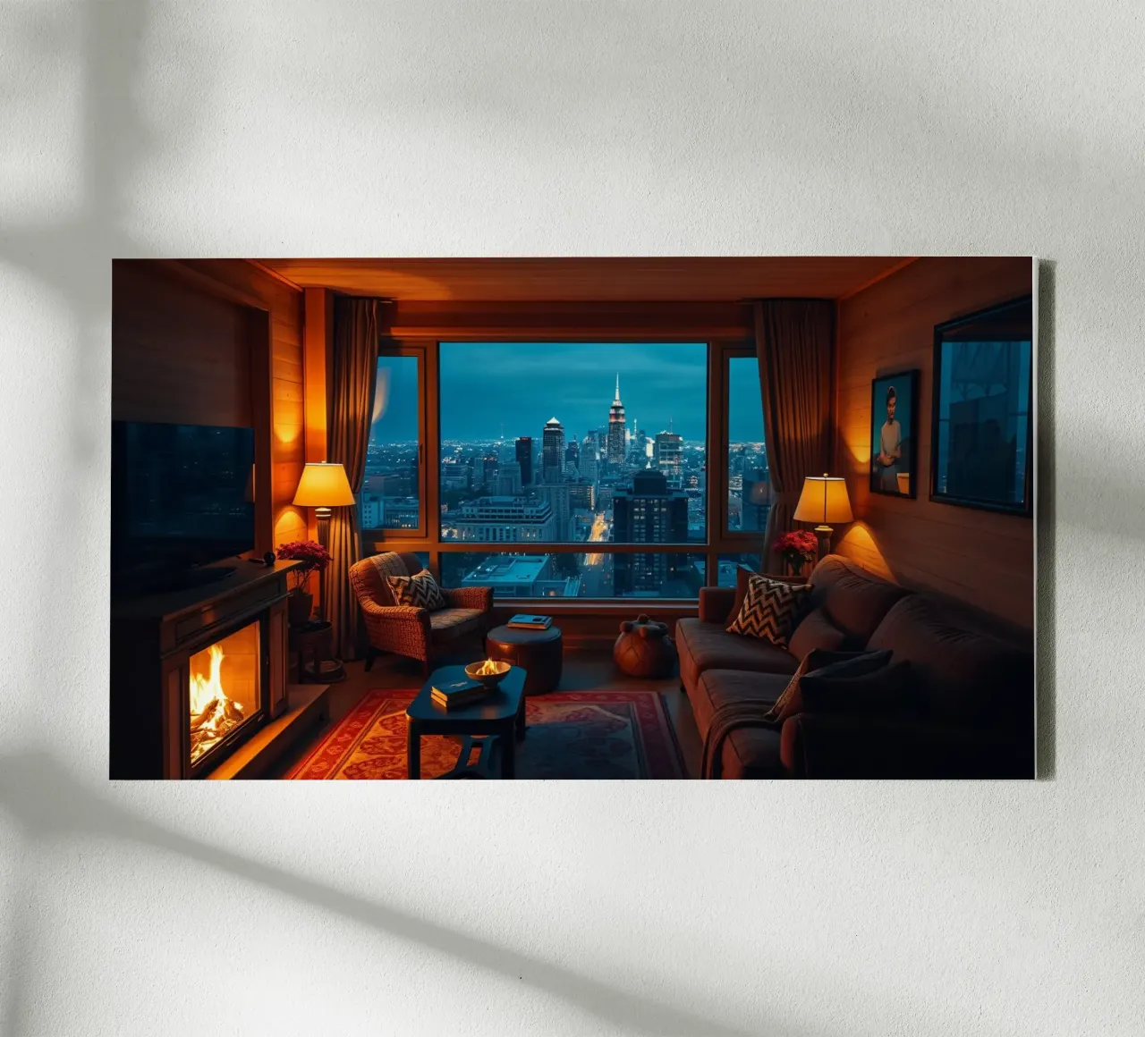 Gezellige woonkamer met uitzicht op de skyline van de stad bij schemering canvas met Baklijst van DesignDoodle