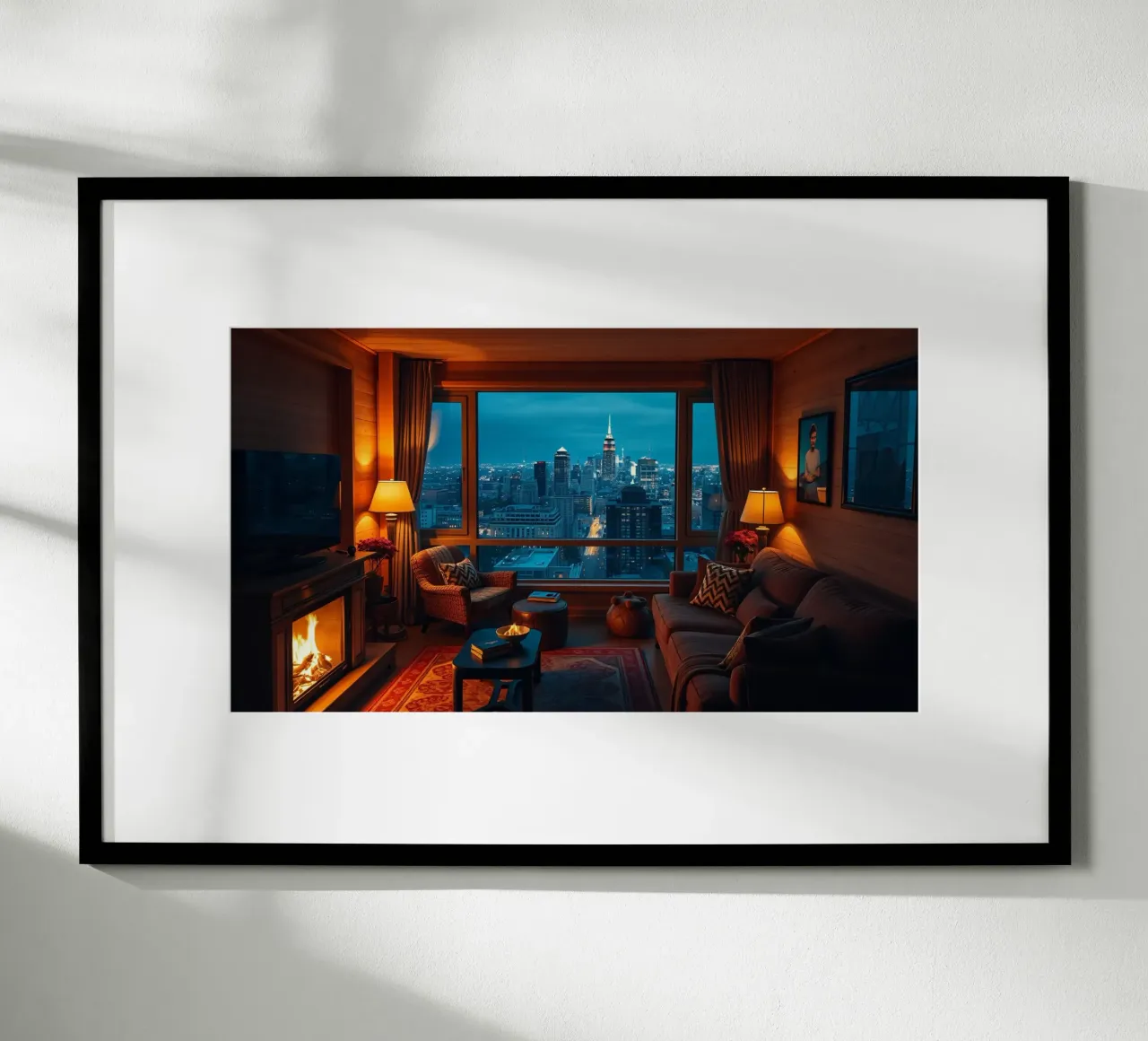 Accogliente soggiorno con vista sullo skyline della città al crepuscolo poster con telaio in alluminio da DesignDoodle