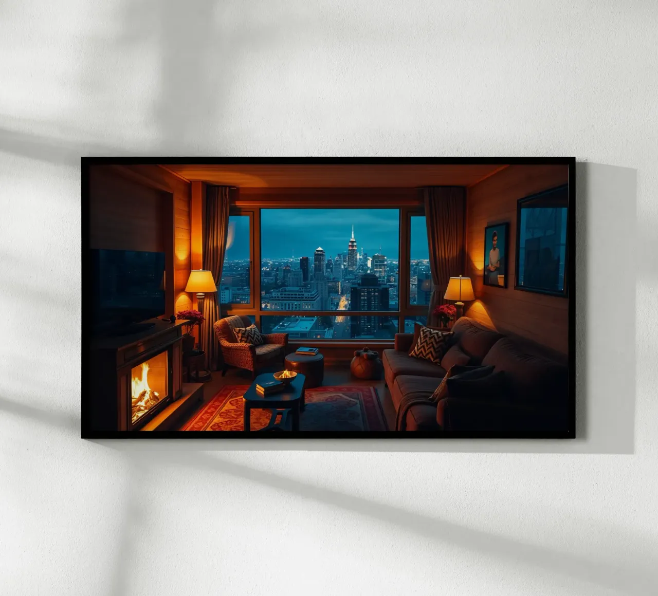 Accogliente soggiorno con vista sullo skyline della città al crepuscolo poster con telaio in alluminio da DesignDoodle