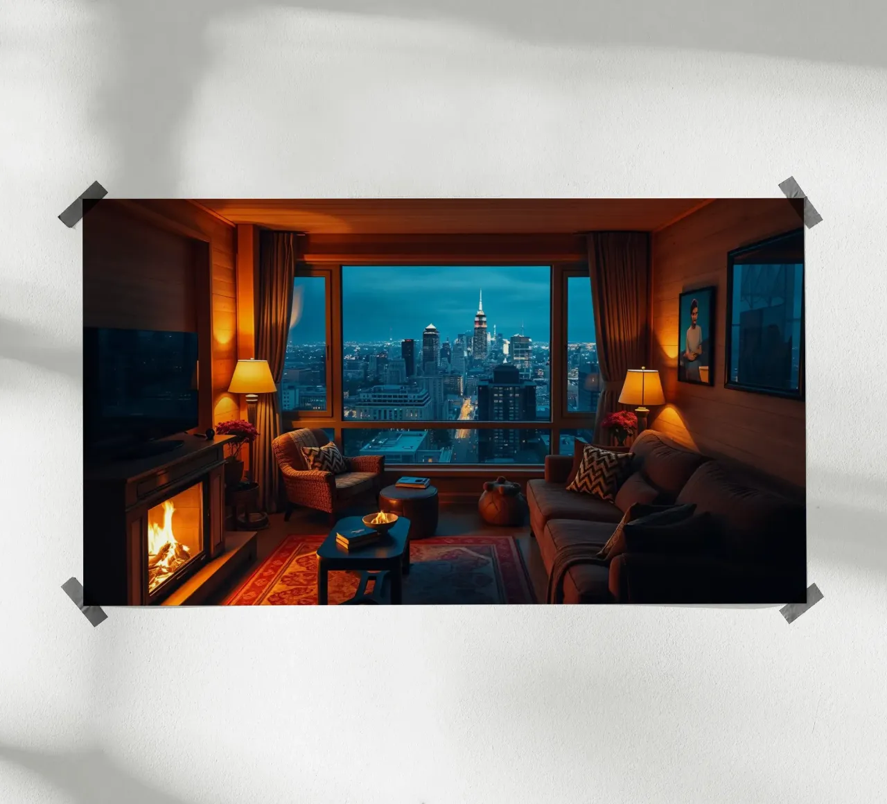 Accogliente soggiorno con vista sullo skyline della città al crepuscolo poster con telaio in alluminio da DesignDoodle
