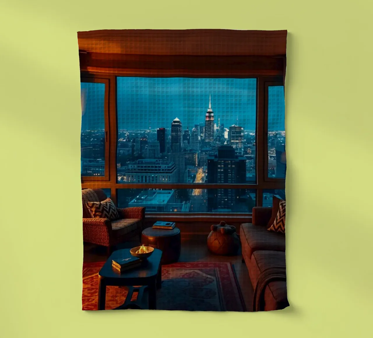 Cozy living room with city skyline views at twilight tea towel by DesignDoodle