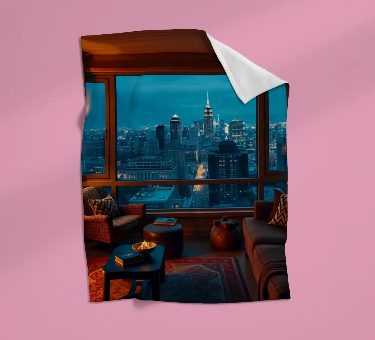 Gezellige woonkamer met uitzicht op de skyline van de stad bij schemering fleecedeken van DesignDoodle