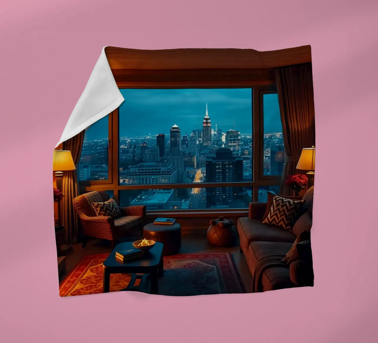 Gezellige woonkamer met uitzicht op de skyline van de stad bij schemering fleecedeken van DesignDoodle