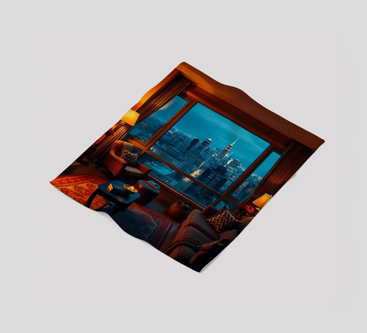 Gezellige woonkamer met uitzicht op de skyline van de stad bij schemering fleecedeken van DesignDoodle