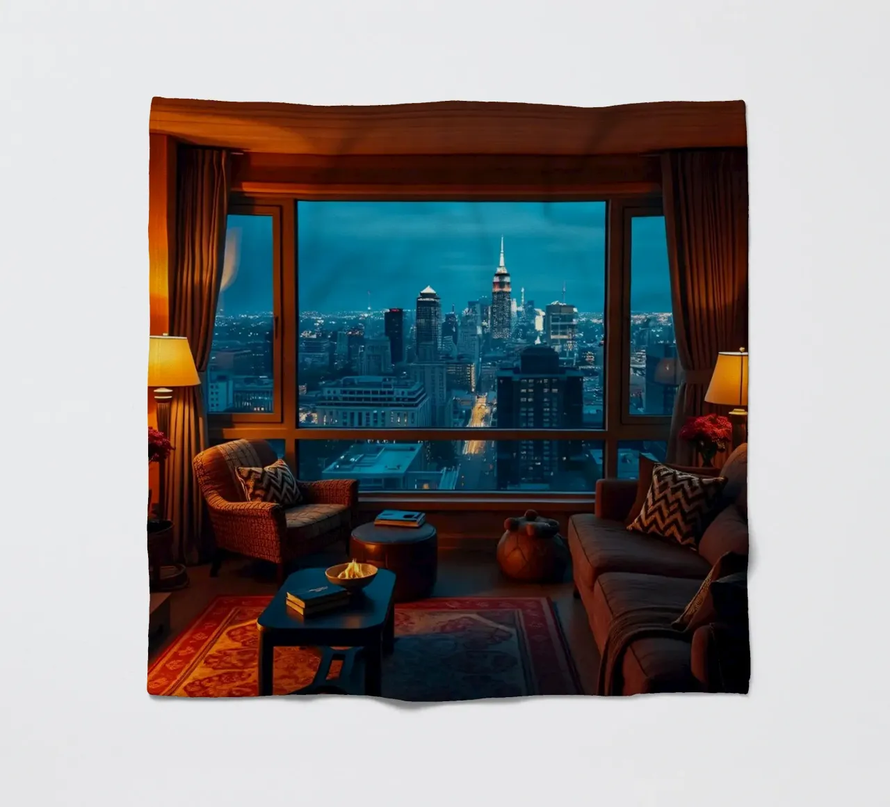 Gezellige woonkamer met uitzicht op de skyline van de stad bij schemering fleecedeken van DesignDoodle
