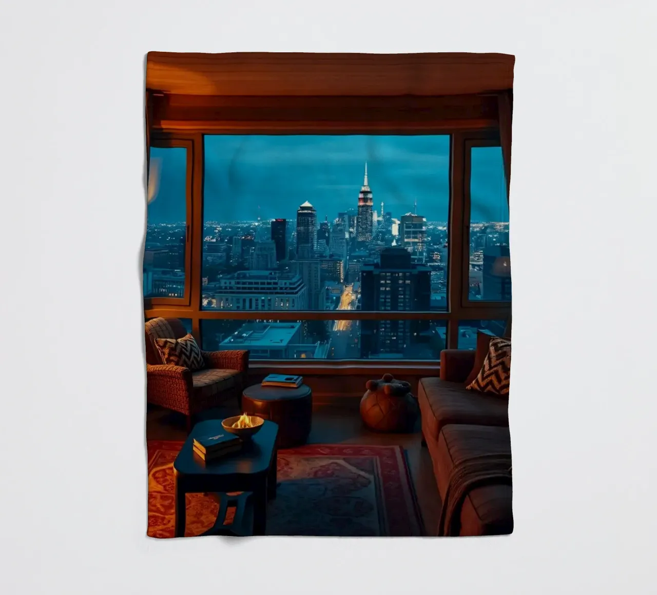 Gezellige woonkamer met uitzicht op de skyline van de stad bij schemering fleecedeken van DesignDoodle
