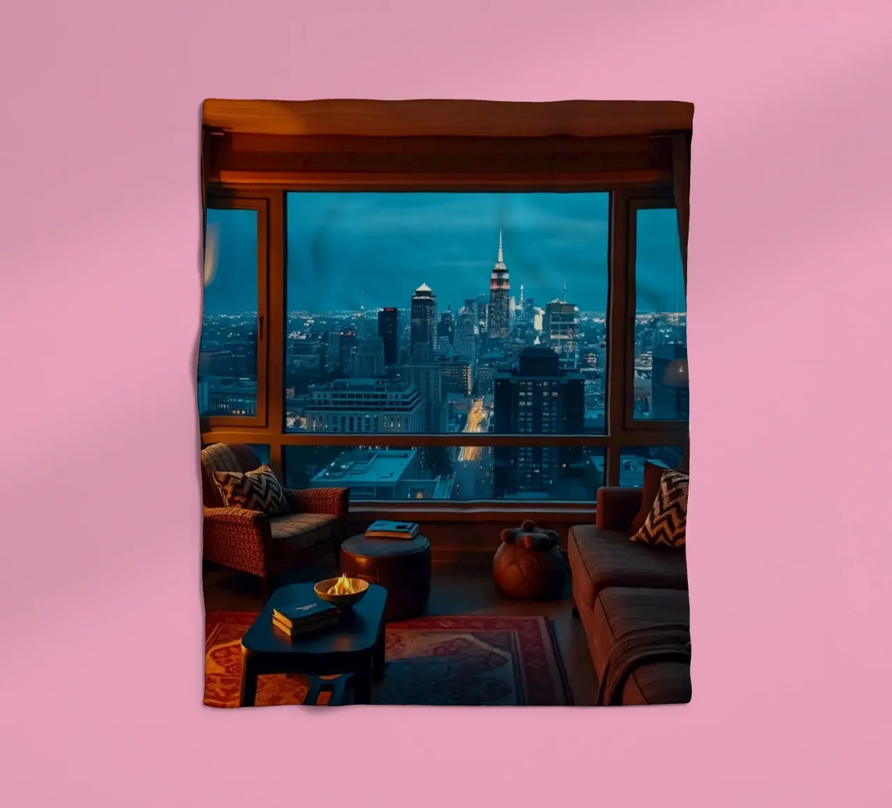 Gezellige woonkamer met uitzicht op de skyline van de stad bij schemering fleecedeken van DesignDoodle