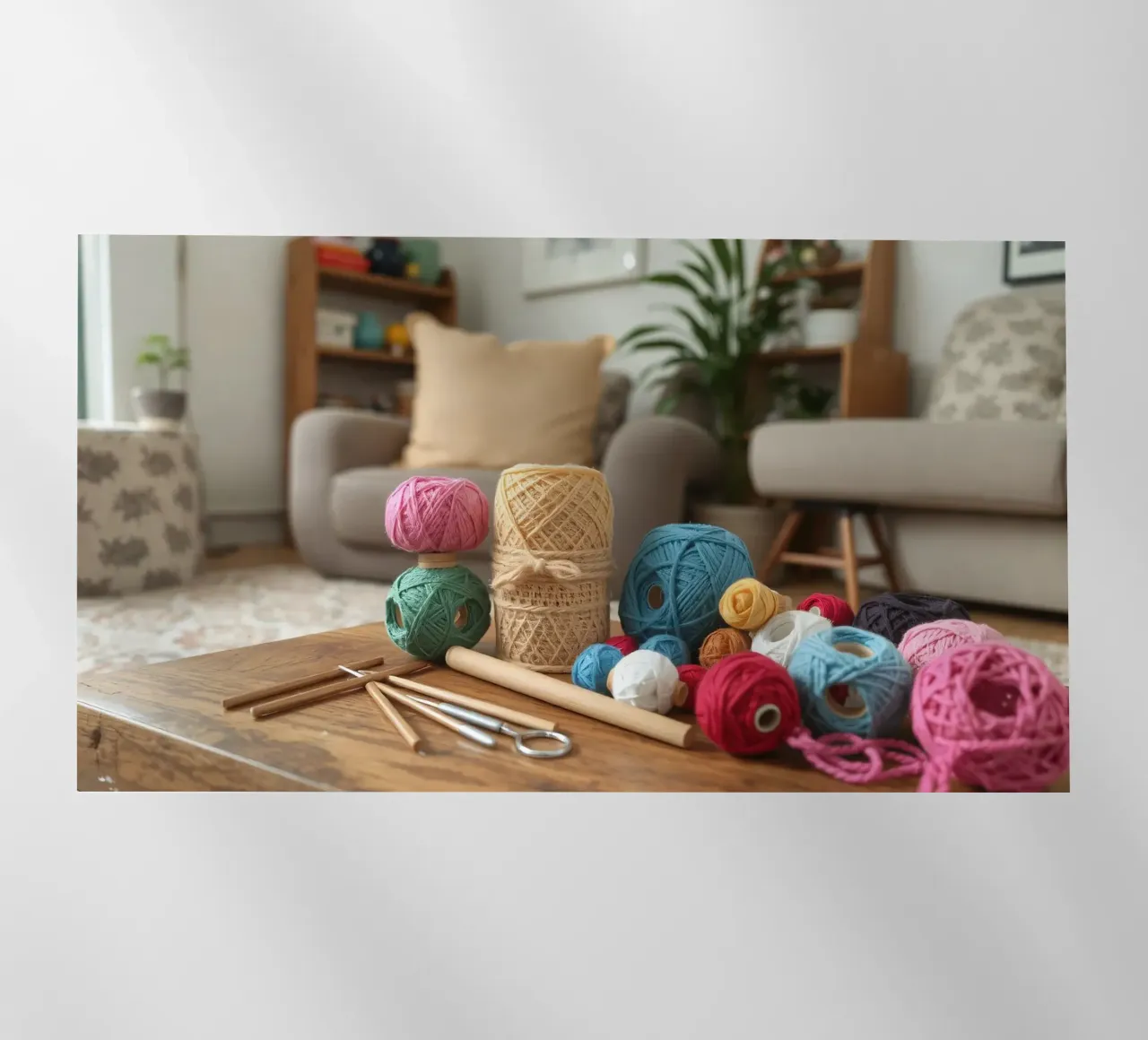 Filati colorati e materiale per il crafting su un tavolo di legno pellicola backlit da DesignDoodle