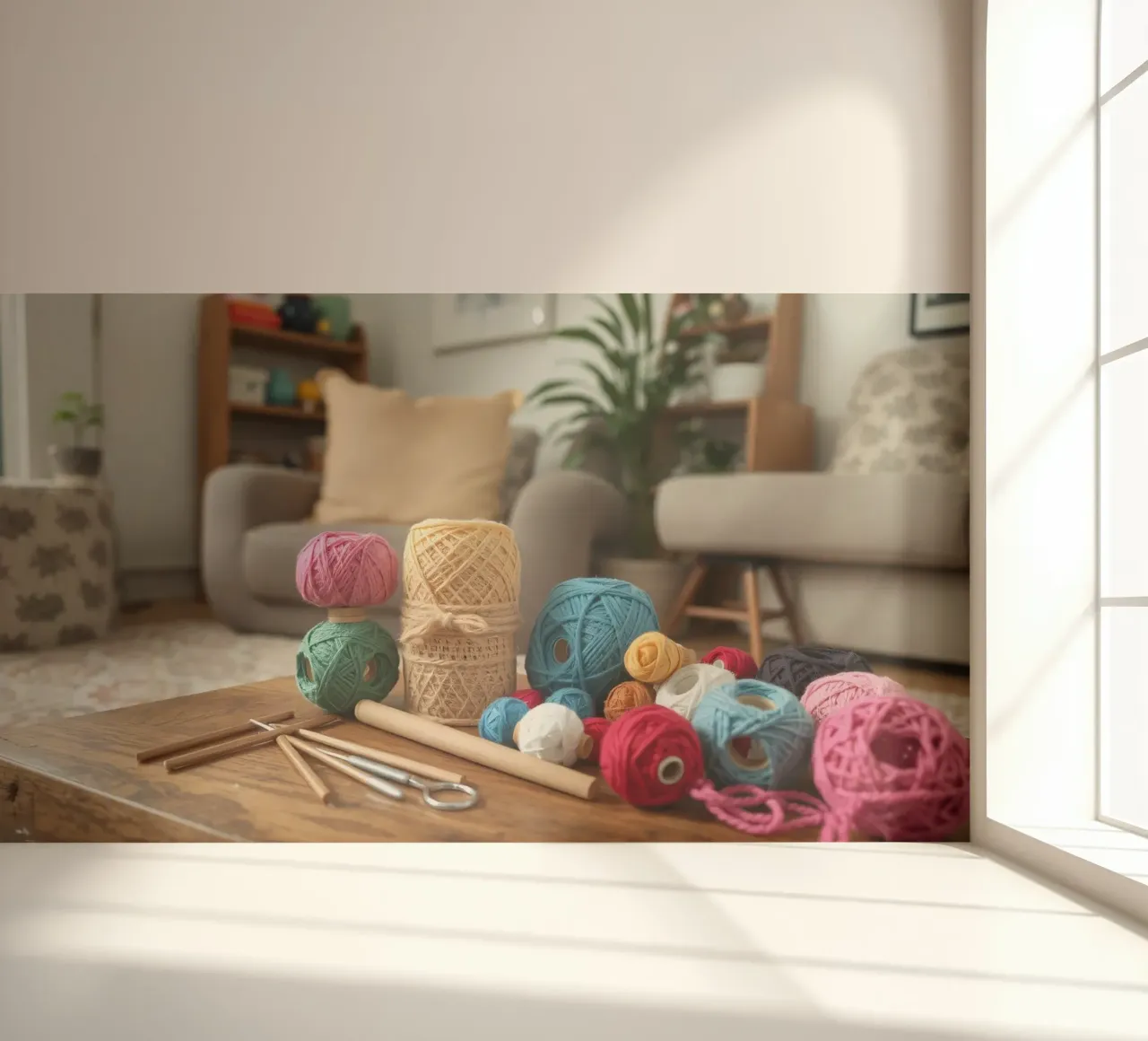 Kleurrijk garen en knutselspullen op een houten tafel fotobehang van DesignDoodle