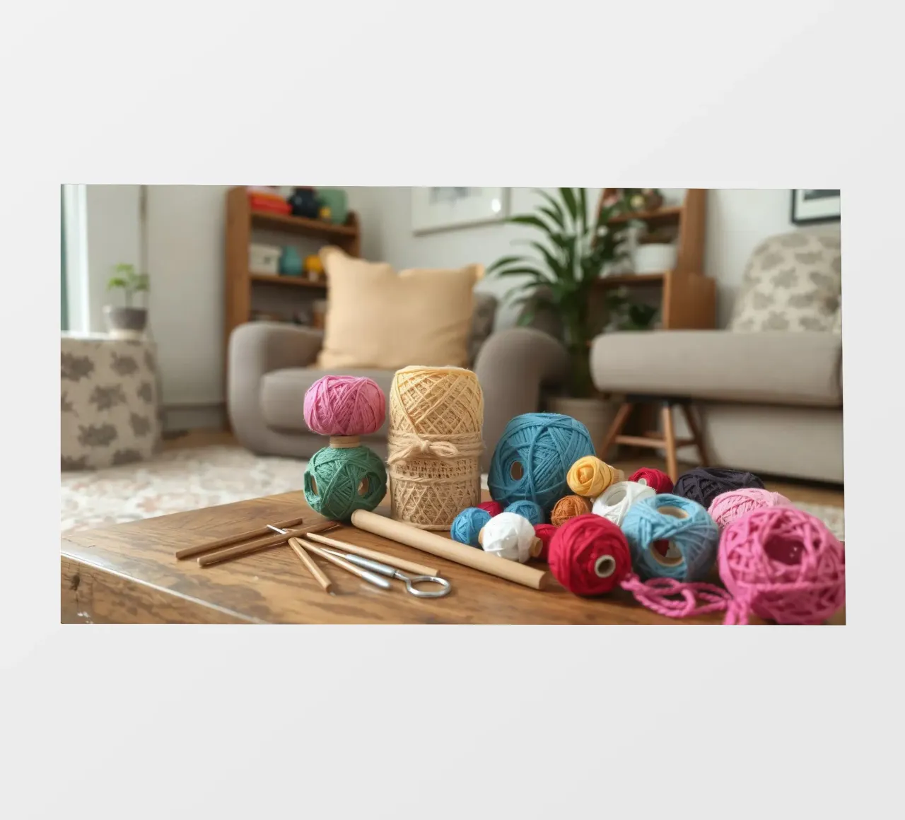 Kleurrijk garen en knutselspullen op een houten tafel fotobehang van DesignDoodle