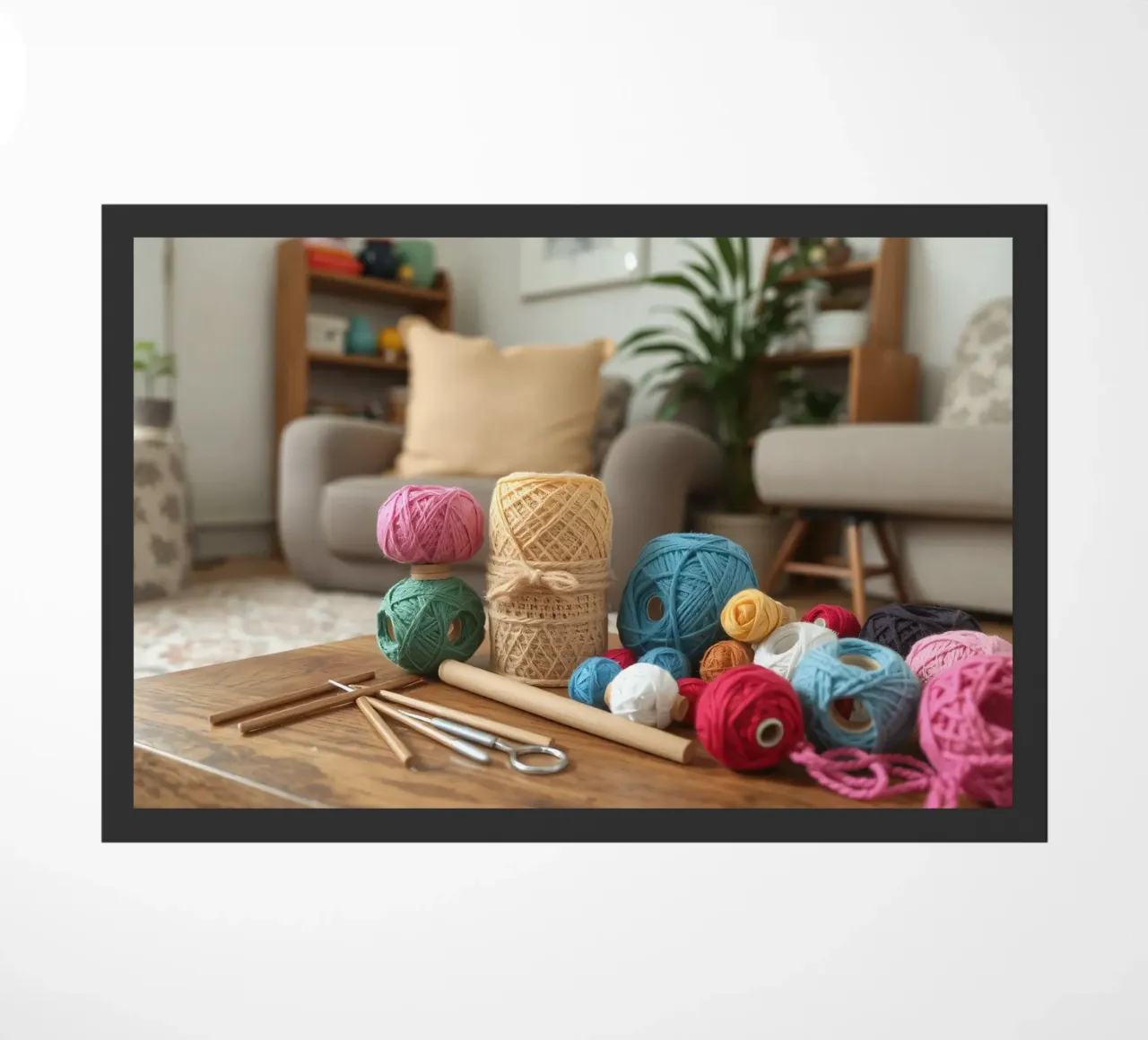Filati colorati e materiale per il crafting su un tavolo di legno zerbino da DesignDoodle