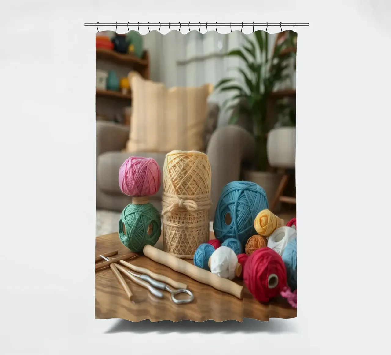 Filati colorati e materiale per il crafting su un tavolo di legno tenda da doccia da DesignDoodle