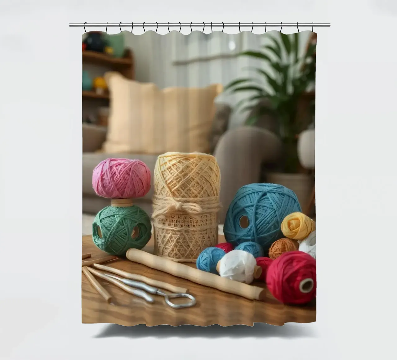 Filati colorati e materiale per il crafting su un tavolo di legno tenda da doccia da DesignDoodle