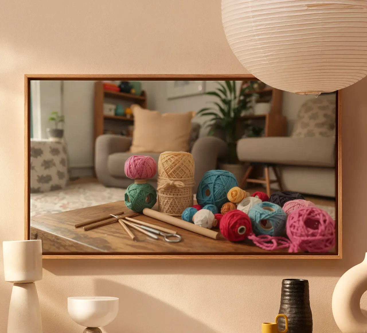 Filati colorati e materiale per il crafting su un tavolo di legno tela con Cornice a cassetta da DesignDoodle