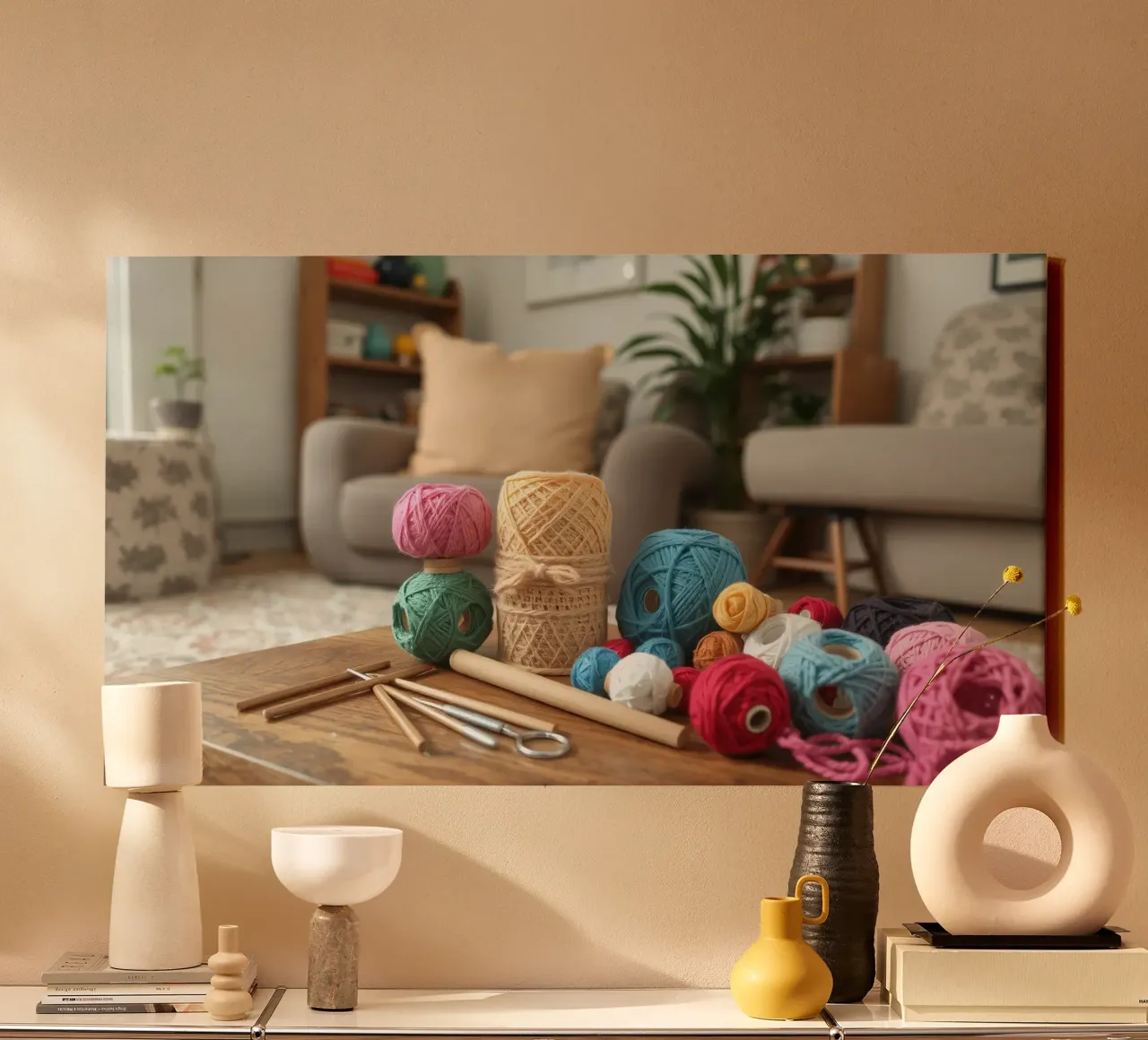 Filati colorati e materiale per il crafting su un tavolo di legno tela con Cornice a cassetta da DesignDoodle