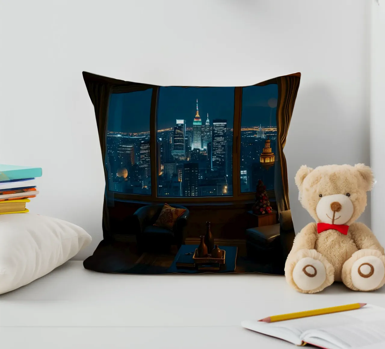 City skyline view from a cozy apartment living room at night decorative cushion by DesignDoodle