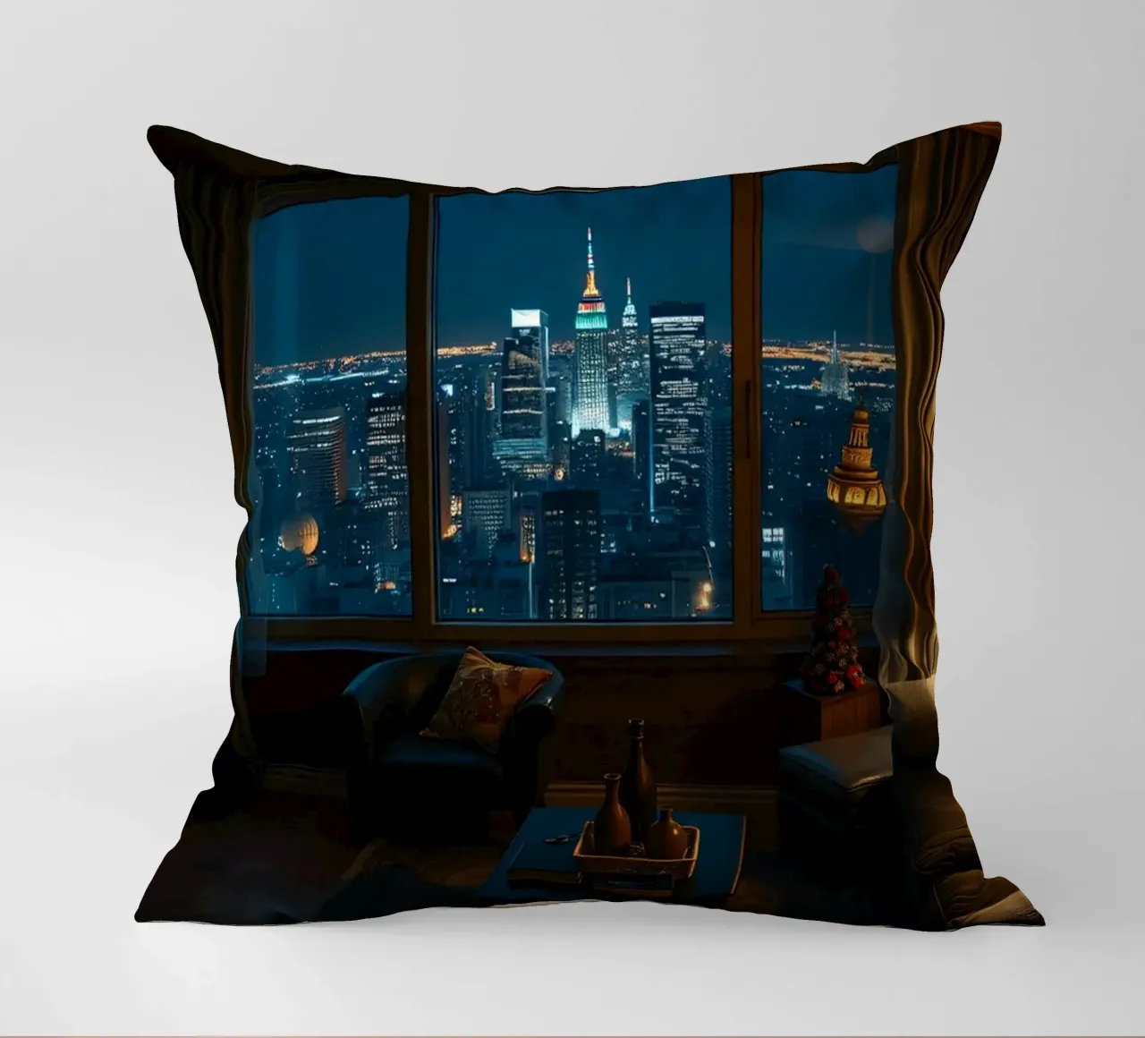 City skyline view from a cozy apartment living room at night decorative cushion by DesignDoodle