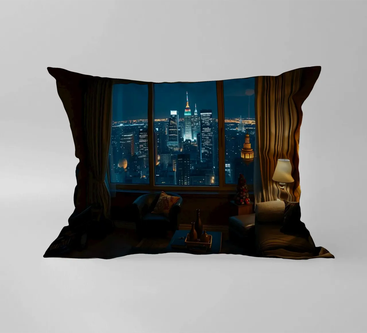 City skyline view from a cozy apartment living room at night decorative cushion by DesignDoodle