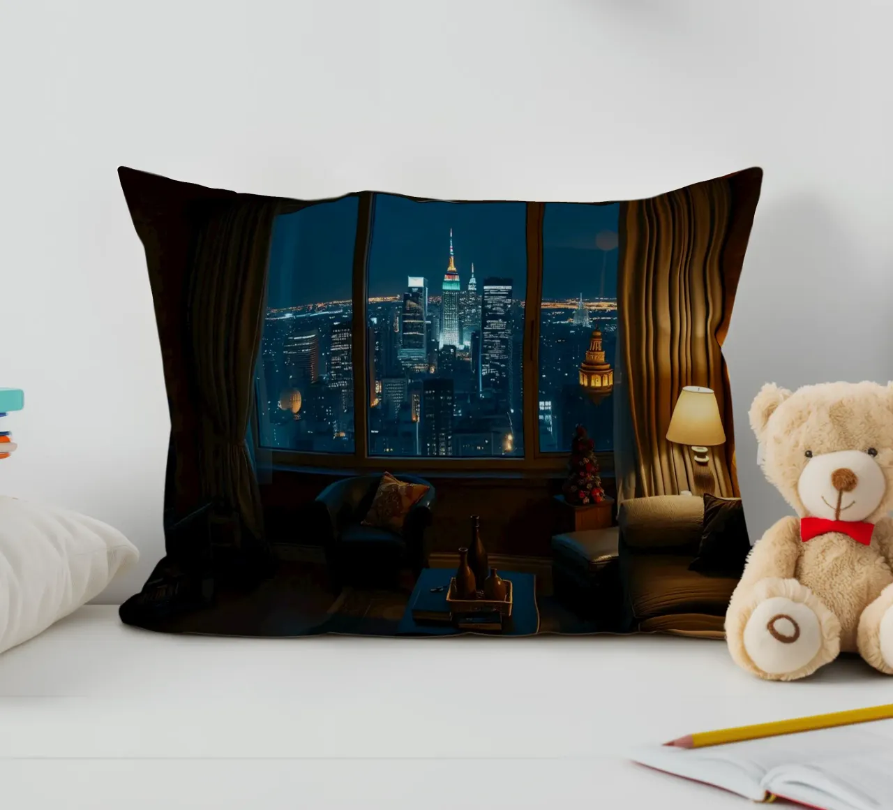 City skyline view from a cozy apartment living room at night decorative cushion by DesignDoodle