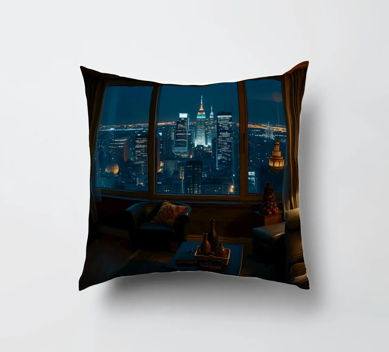 City skyline view from a cozy apartment living room at night decorative cushion by DesignDoodle