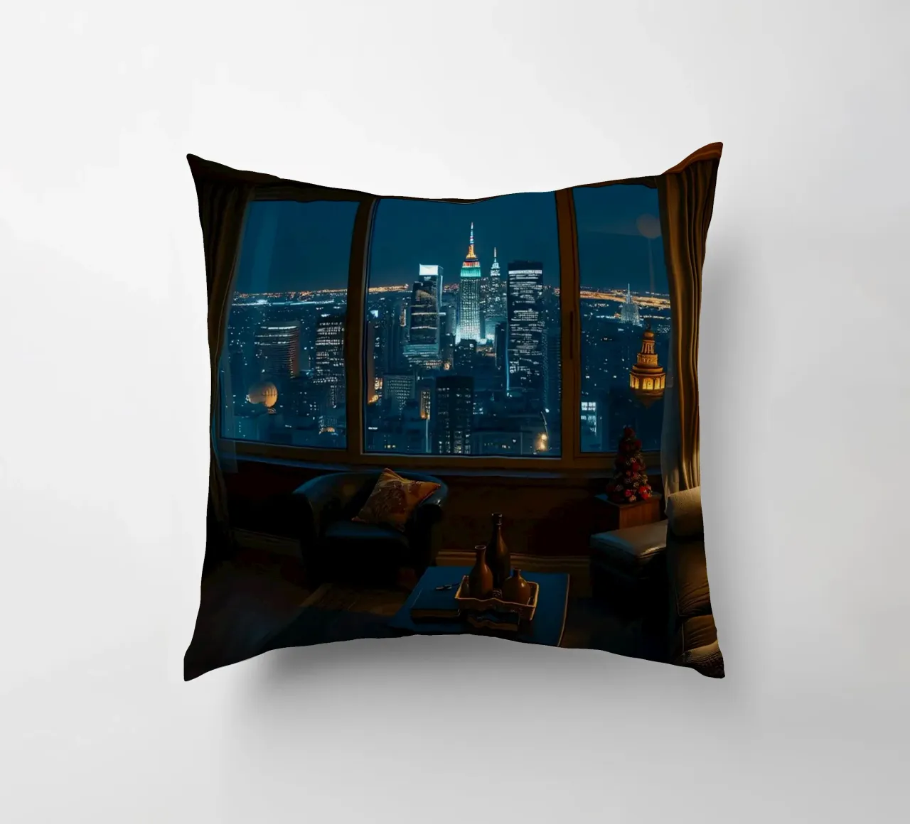 City skyline view from a cozy apartment living room at night decorative cushion by DesignDoodle