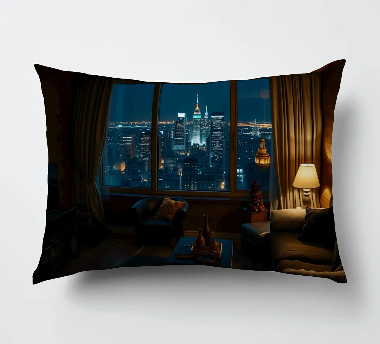 City skyline view from a cozy apartment living room at night decorative cushion by DesignDoodle