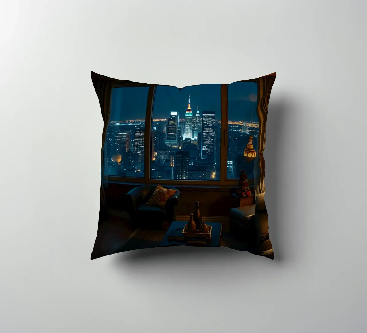 City skyline view from a cozy apartment living room at night decorative cushion by DesignDoodle
