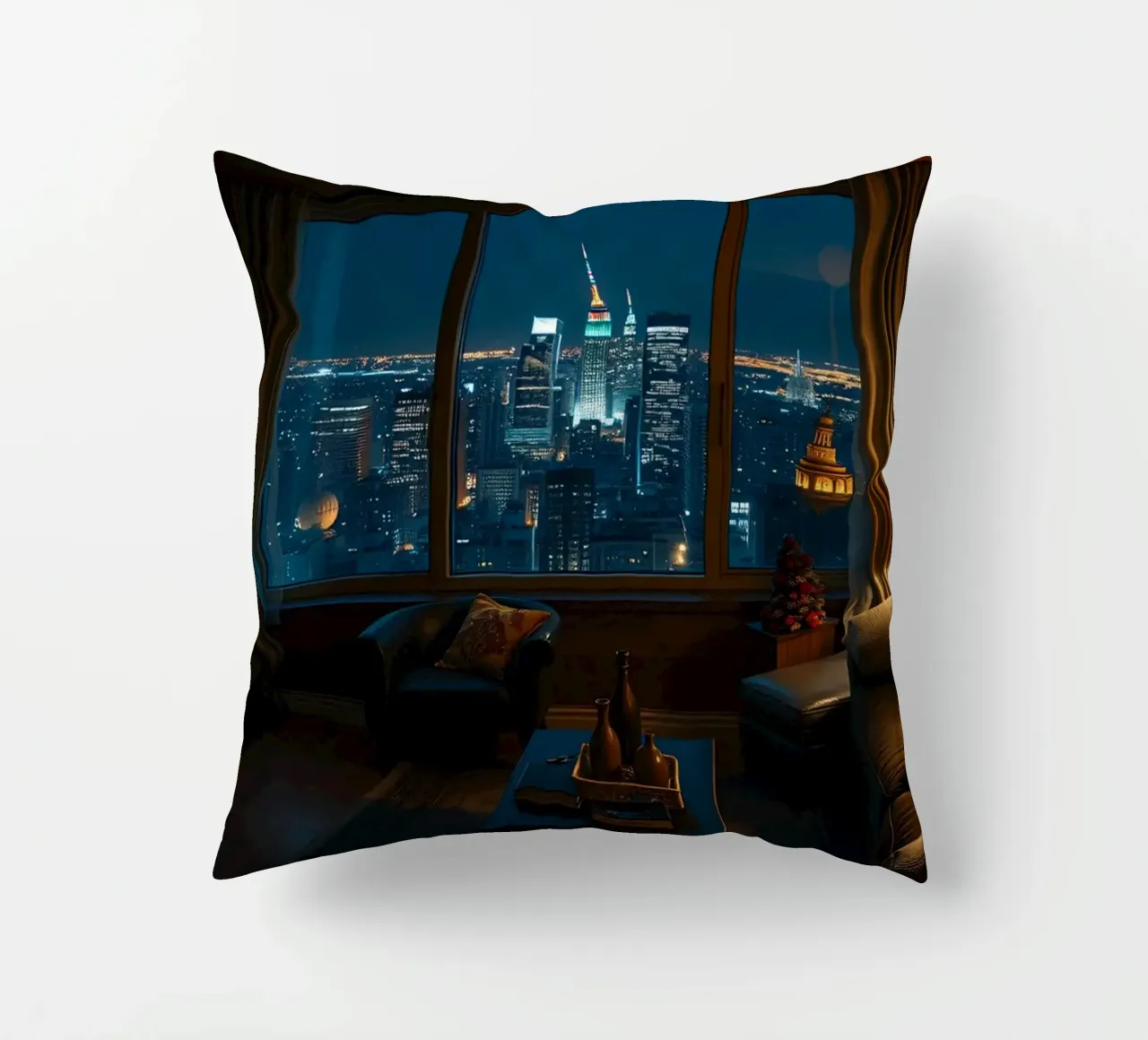 City skyline view from a cozy apartment living room at night decorative cushion by DesignDoodle