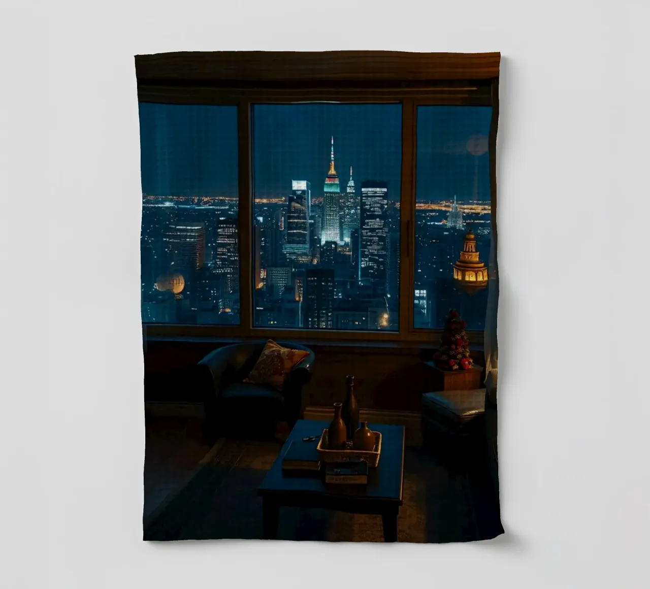 Vue de la ville depuis le salon d'un appartement confortable, la nuit torchon de DesignDoodle