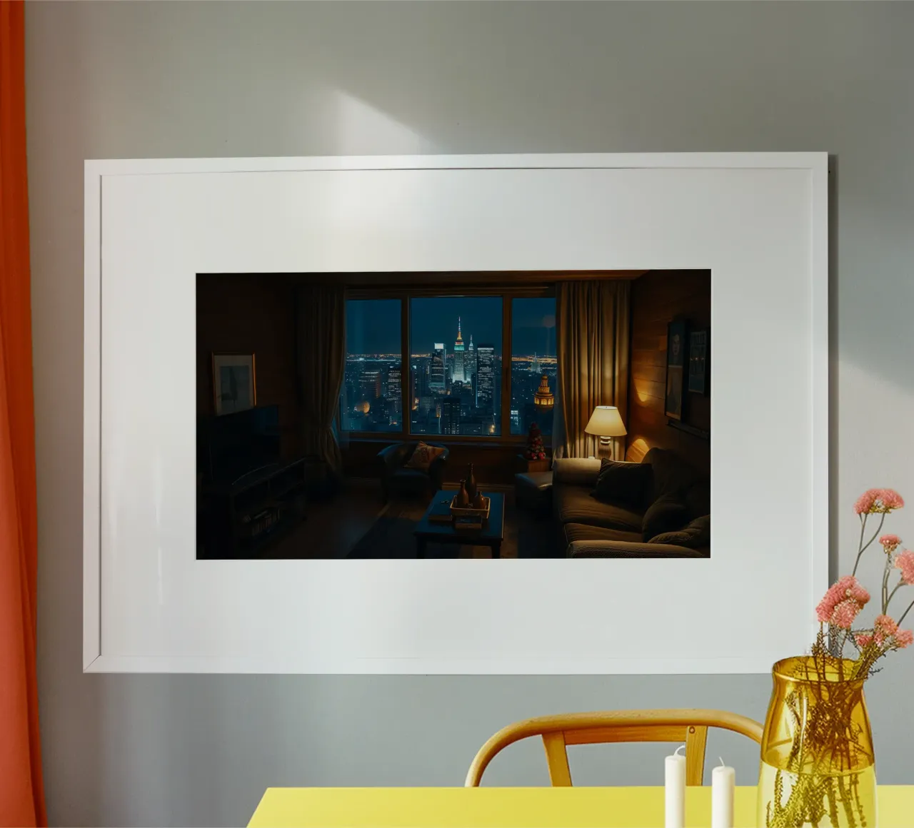 Vue de la ville depuis le salon d'un appartement confortable, la nuit hahnemühle de DesignDoodle